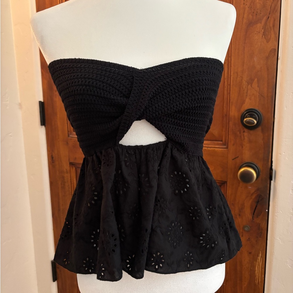 Zara black knit textured strapless top